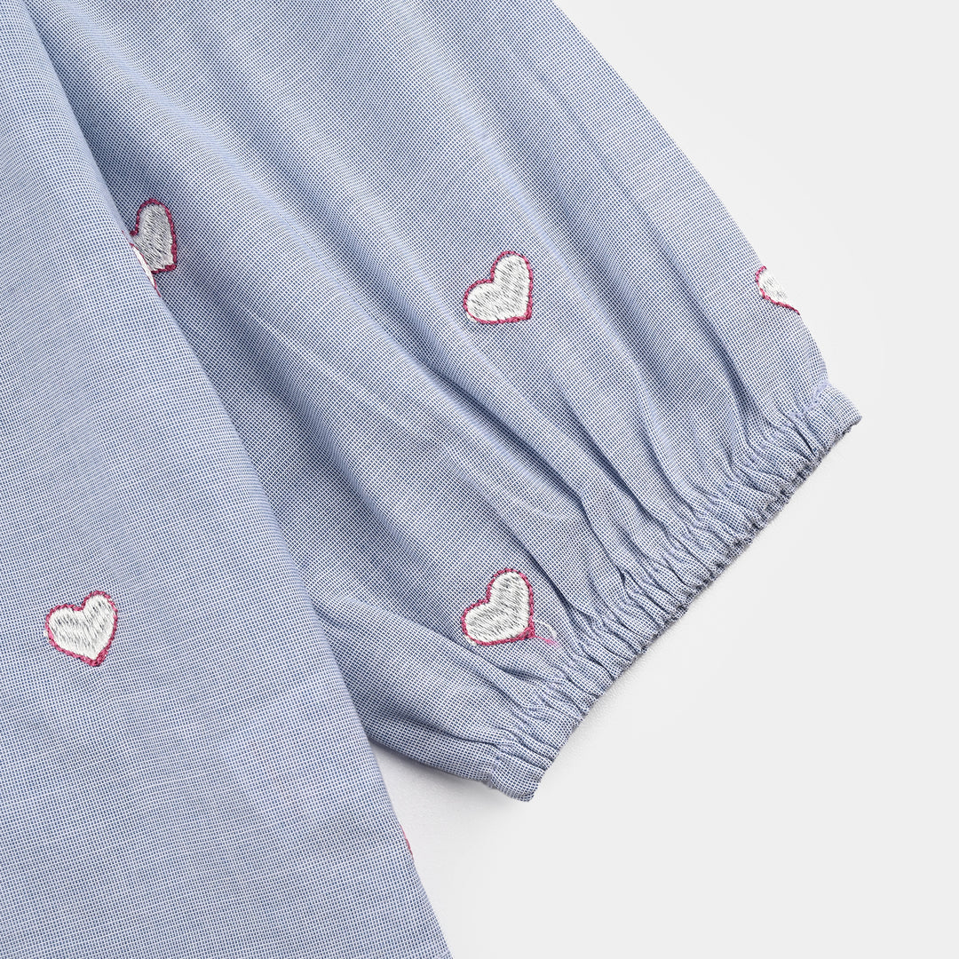 Girls Cotton Emb Top Blue Scalloped-Blue