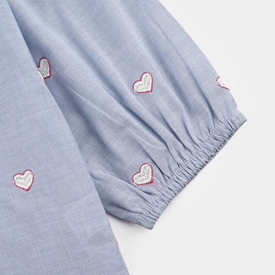 Girls Cotton Emb Top Blue Scalloped-Blue
