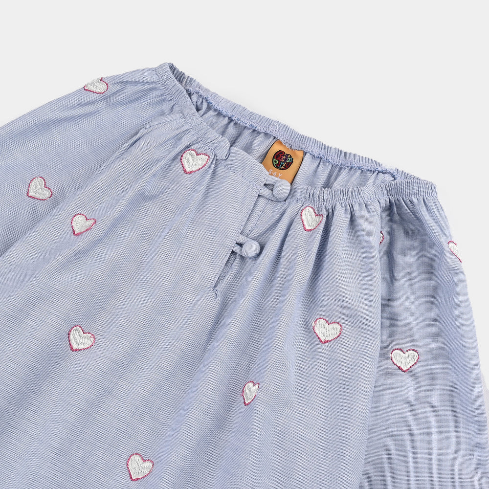 Girls Cotton Emb Top Blue Scalloped-Blue