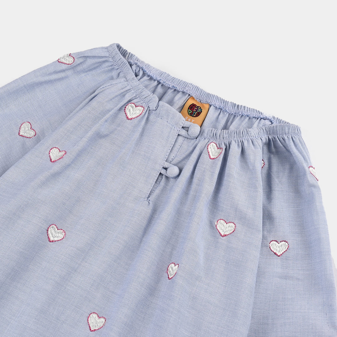 Girls Cotton Emb Top Blue Scalloped-Blue