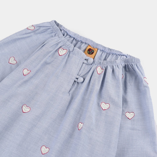 Girls Cotton Emb Top Blue Scalloped-Blue