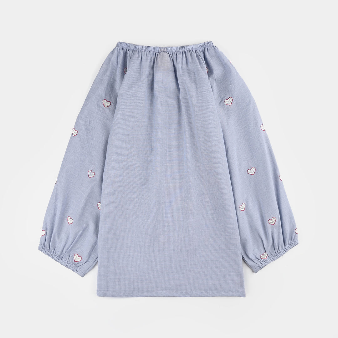 Girls Cotton Emb Top Blue Scalloped-Blue