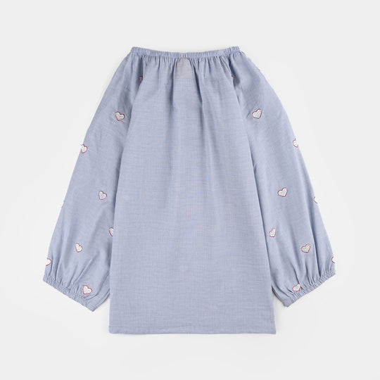 Girls Cotton Emb Top Blue Scalloped-Blue
