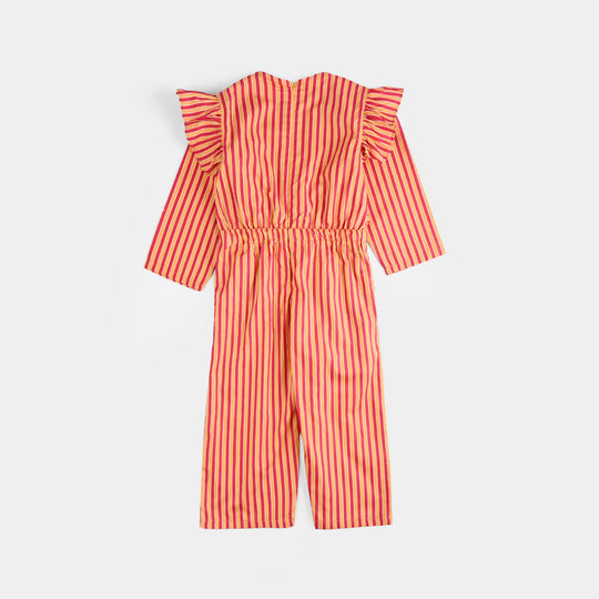 Girls Cotton Poplin Emb Jumpsuit Stripes-Multi