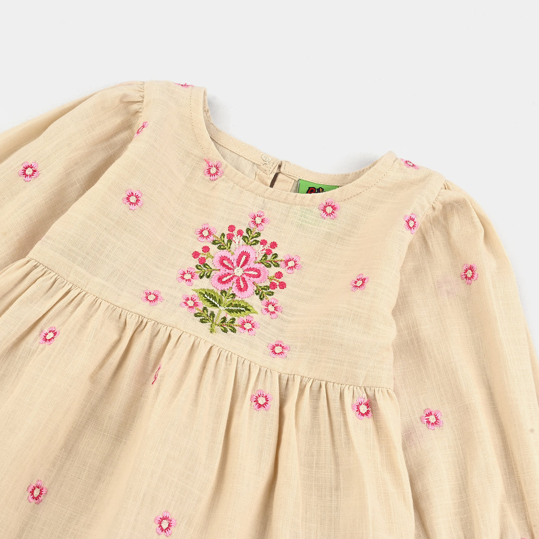Infant Girls Cotton Slub Emb Top Pink Flower-Off White