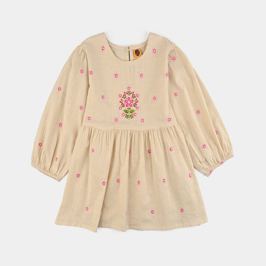 Girls Cotton Slub Emb Top Pink Flower-Off White