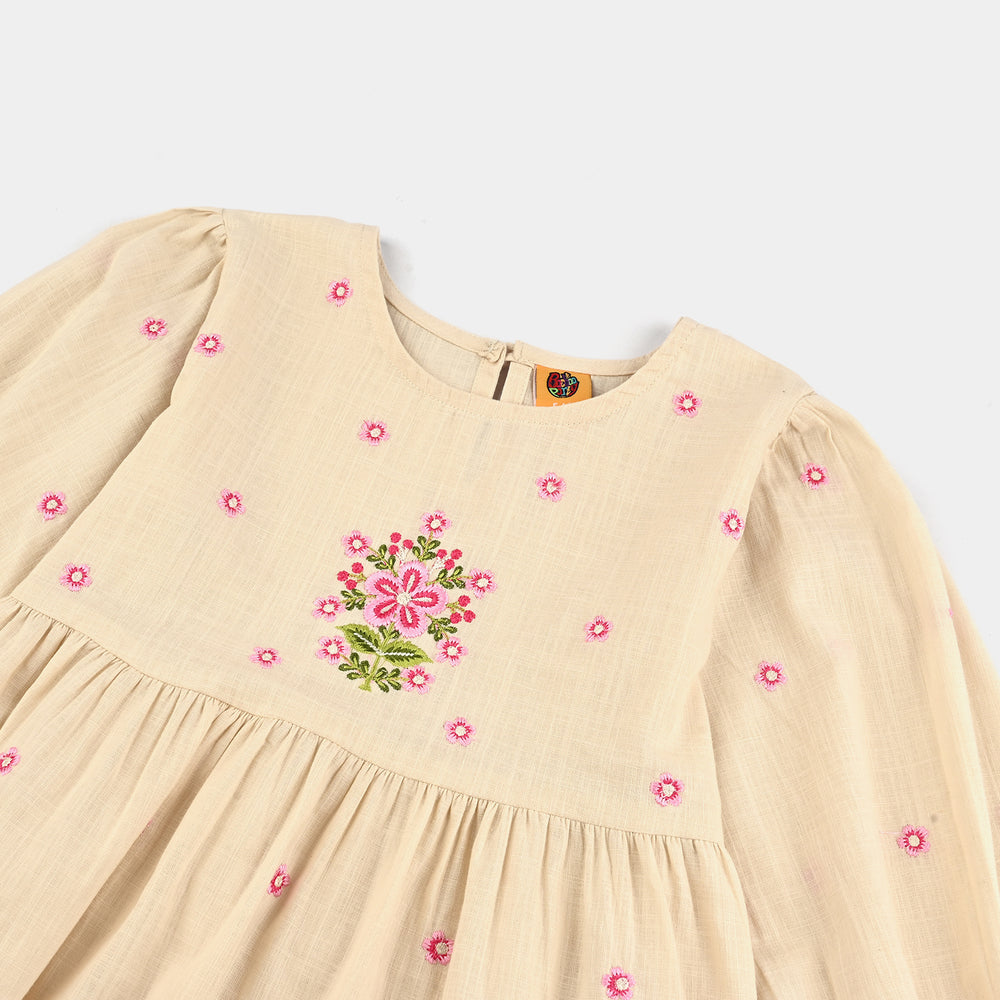 Girls Cotton Slub Emb Top Pink Flower-Off White