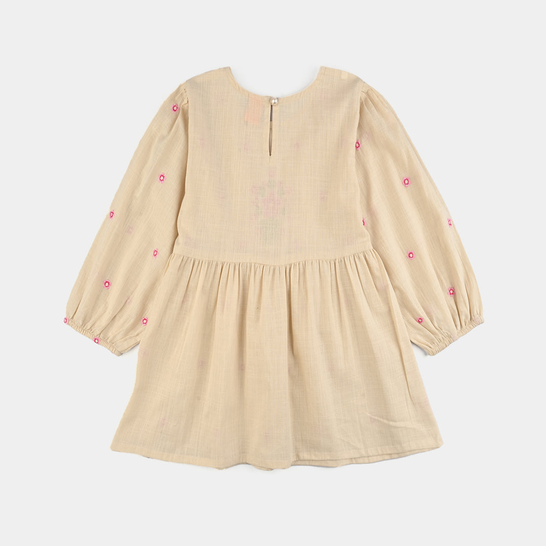 Girls Cotton Slub Emb Top Pink Flower-Off White