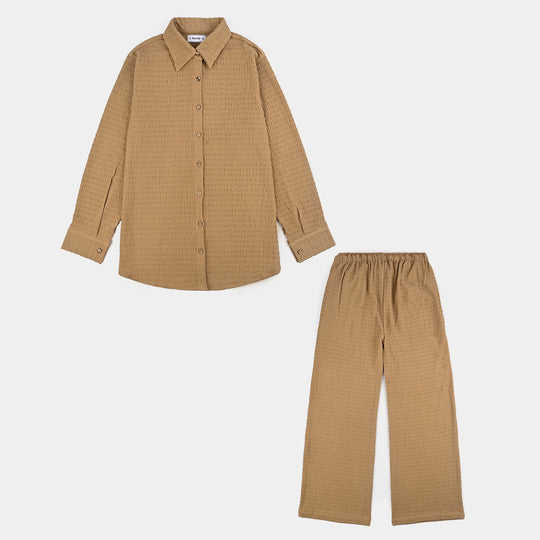 Teens Girls Poly Viscose CO-Ord Set Textured-COFFEE