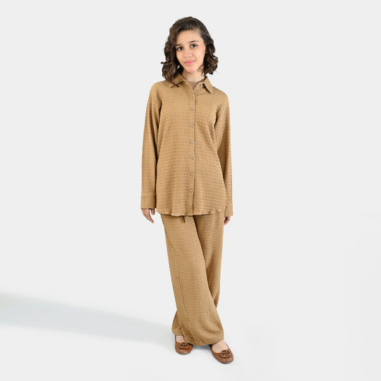 Teens Girls Poly Viscose CO-Ord Set Textured-COFFEE