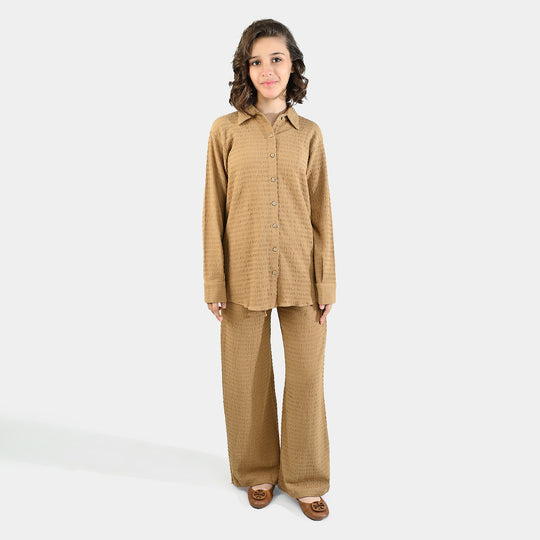 Teens Girls Poly Viscose CO-Ord Set Textured-COFFEE