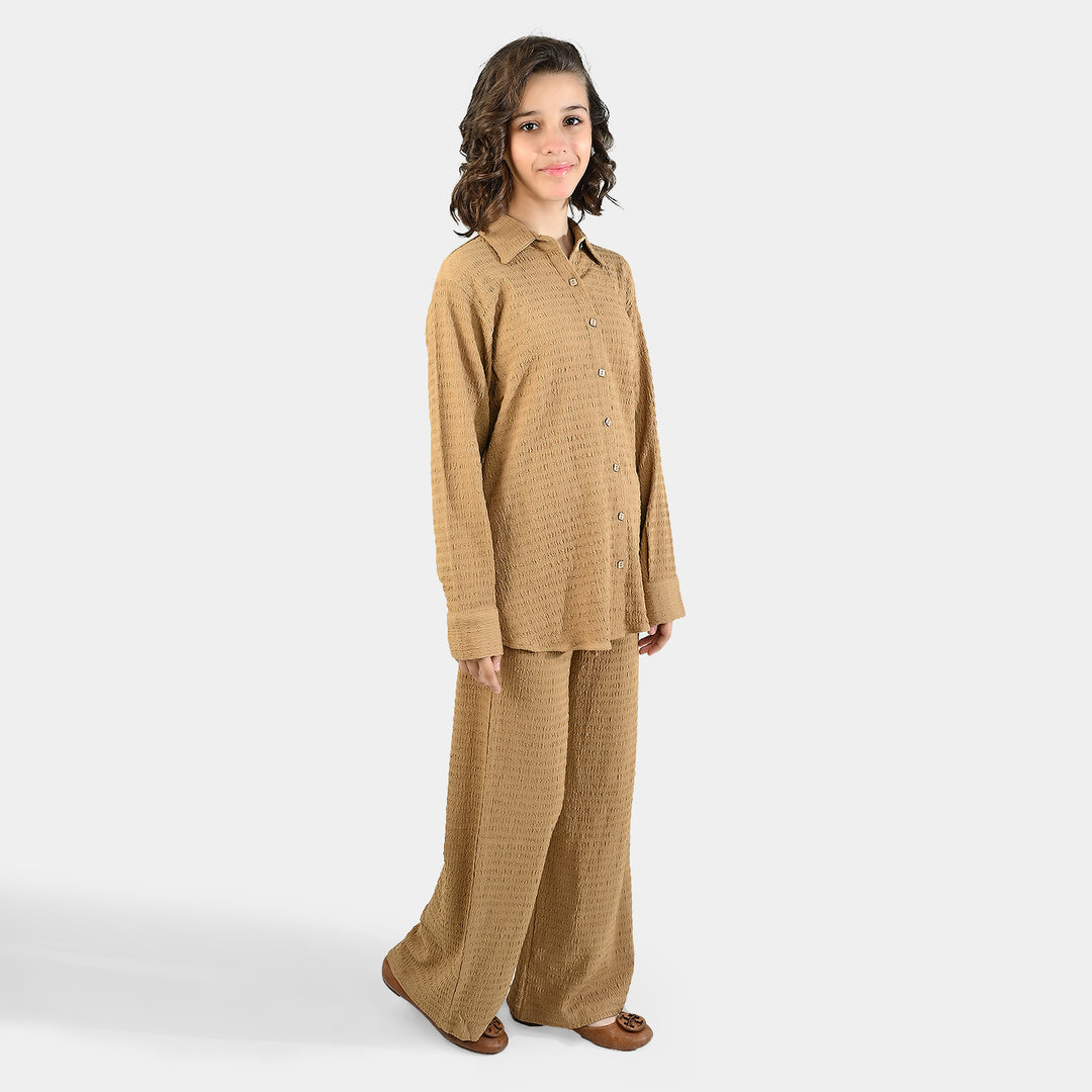 Teens Girls Poly Viscose CO-Ord Set Textured-COFFEE