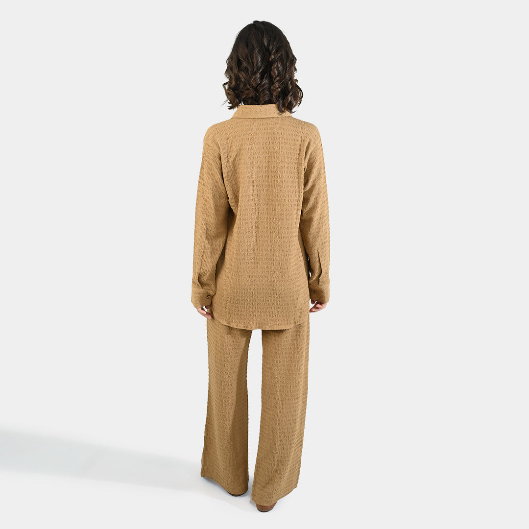 Teens Girls Poly Viscose CO-Ord Set Textured-COFFEE