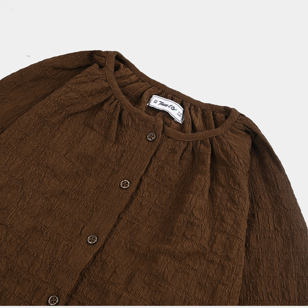 Teens Girls Poly Viscose Casual Top Crinkle-BROWN