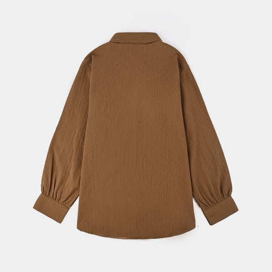 Teens Girls Poly Viscose Brown  Crinkle Casual Top-D.Brown