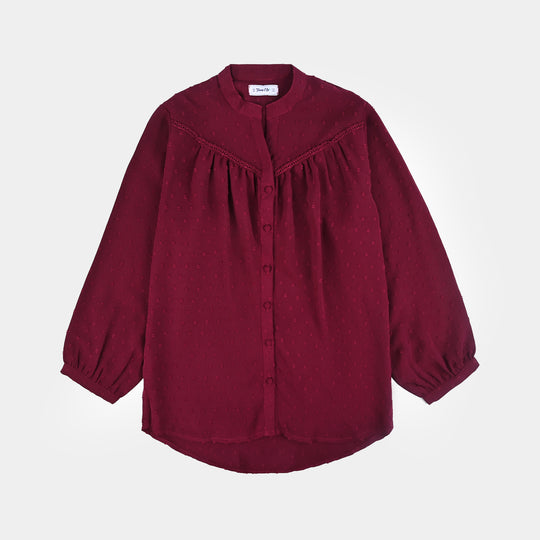 Teens Girls Poly Cotton Maroon Motif Casual Top-MAROON