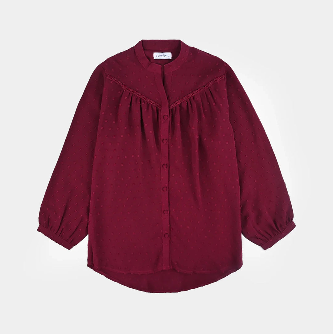 Teens Girls Poly Cotton Maroon Motif Casual Top-MAROON