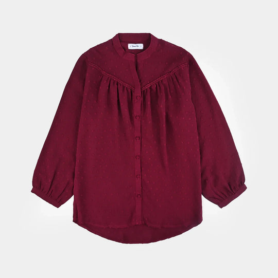 Teens Girls Poly Cotton Maroon Motif Casual Top-MAROON
