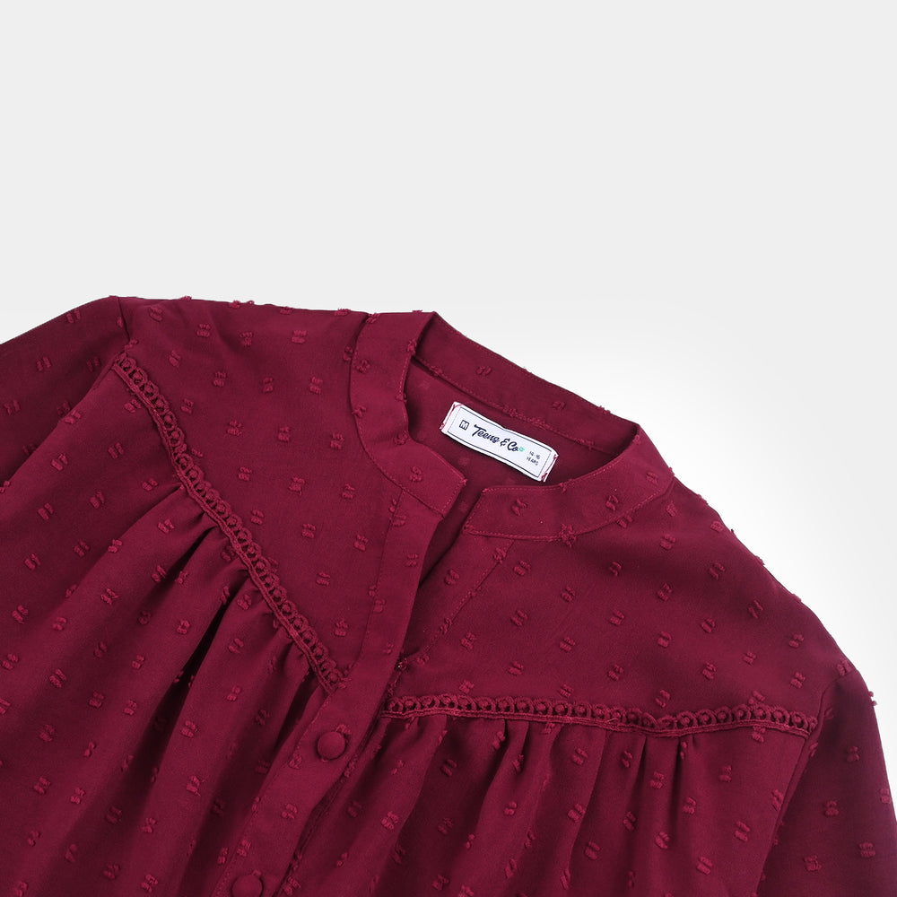 Teens Girls Poly Cotton Maroon Motif Casual Top-MAROON