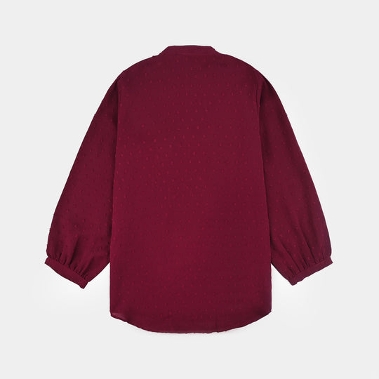 Teens Girls Poly Cotton Maroon Motif Casual Top-MAROON