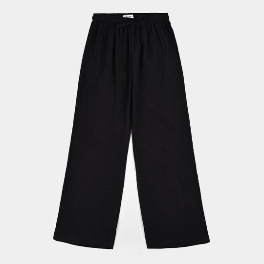 Teens Girls Cotton Trouser Grey Textured-CHARCOAL