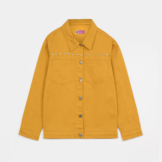 Girls Cotton Twill Woven Jacket Eyelets-Mustard