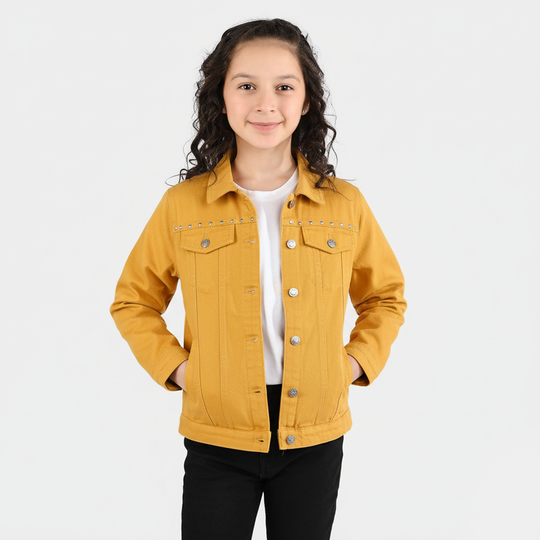 Girls Cotton Twill Woven Jacket Eyelets-Mustard
