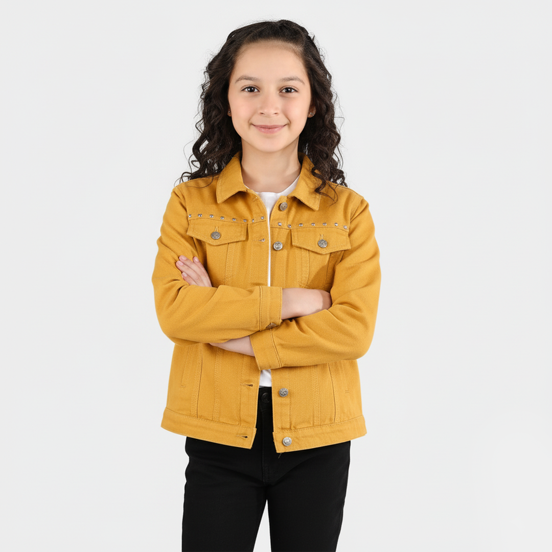 Girls Cotton Twill Woven Jacket Eyelets-Mustard