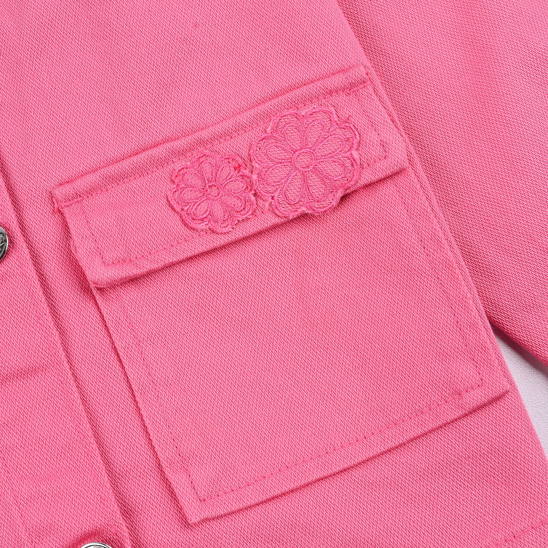Girls Cotton Twill Woven Jacket Flowers-PINK