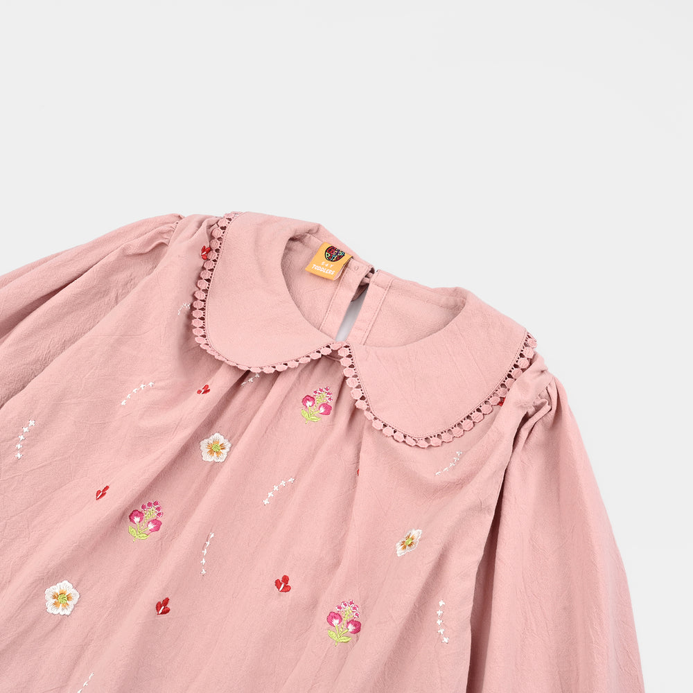 Girls Cotton Emb Top Peter Pan-Pink