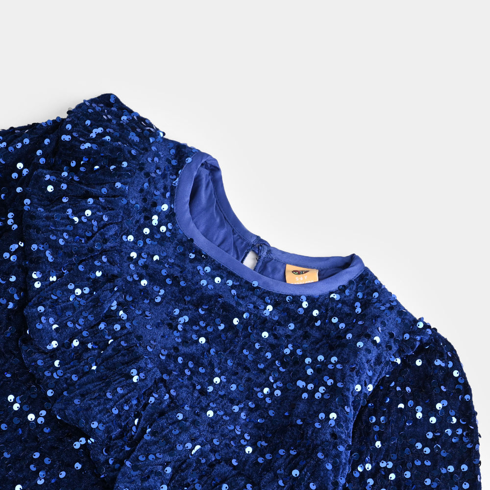 Girls Velvet Dress  Sequence-BLUE