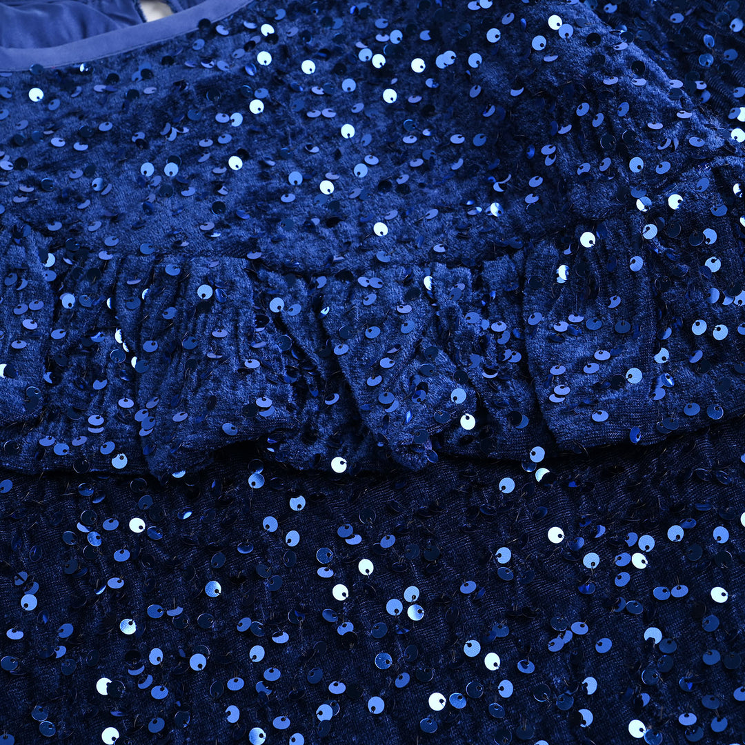 Girls Velvet Dress  Sequence-BLUE