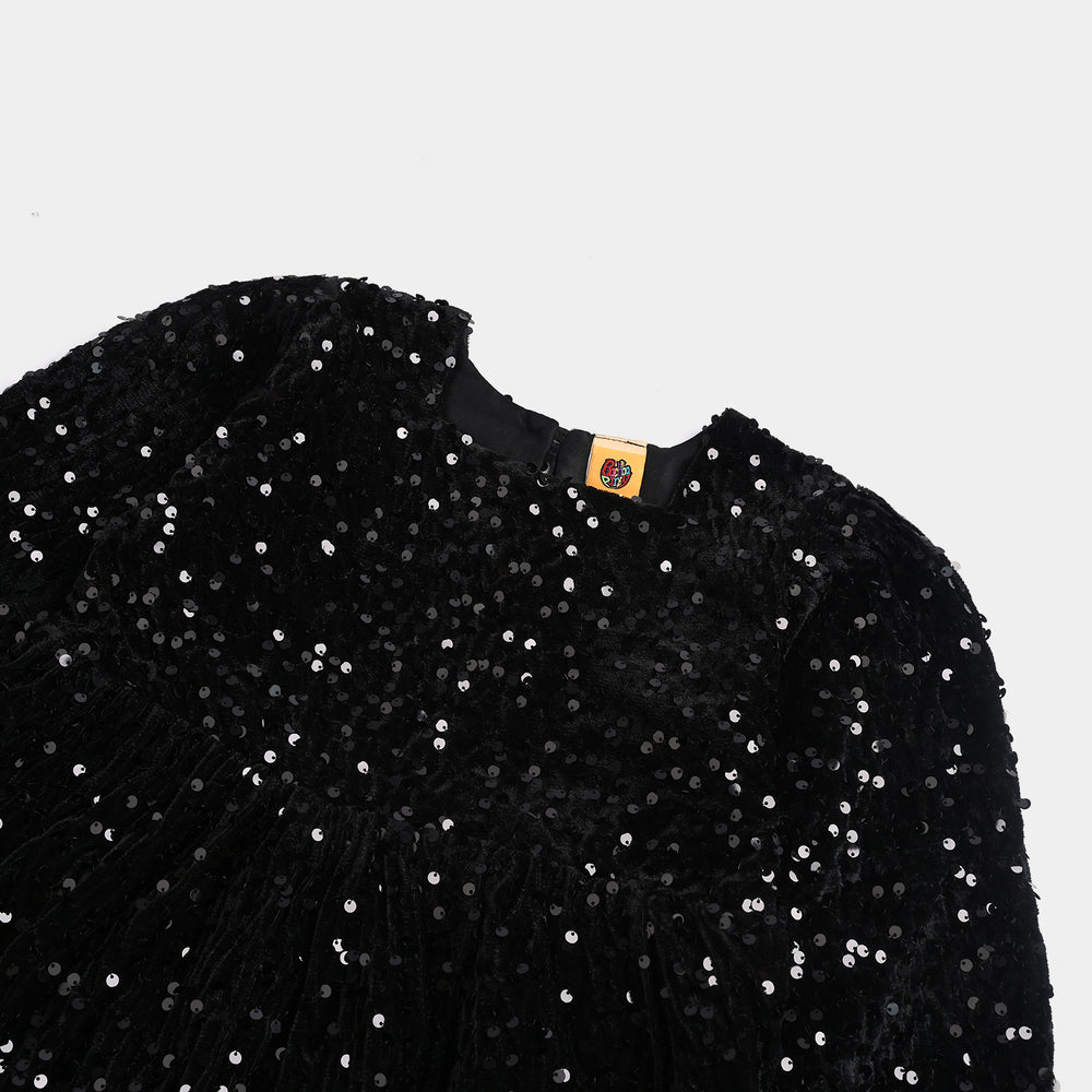 Girls Velvet Dress Sequence -BLACK