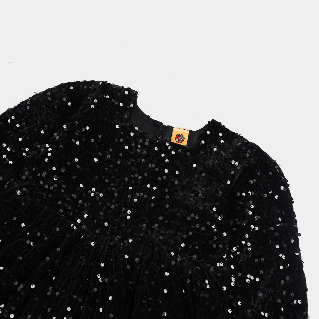 Girls Velvet Dress Sequence -BLACK