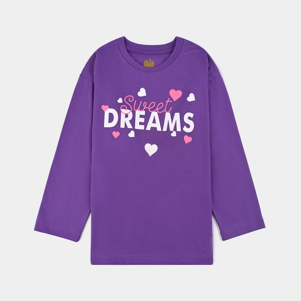Girls Poly Cotton Jersey Night Suit SWEET DREAMS-Purple