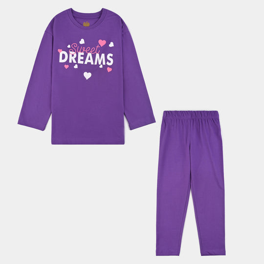 Girls Poly Cotton Jersey Night Suit SWEET DREAMS-Purple