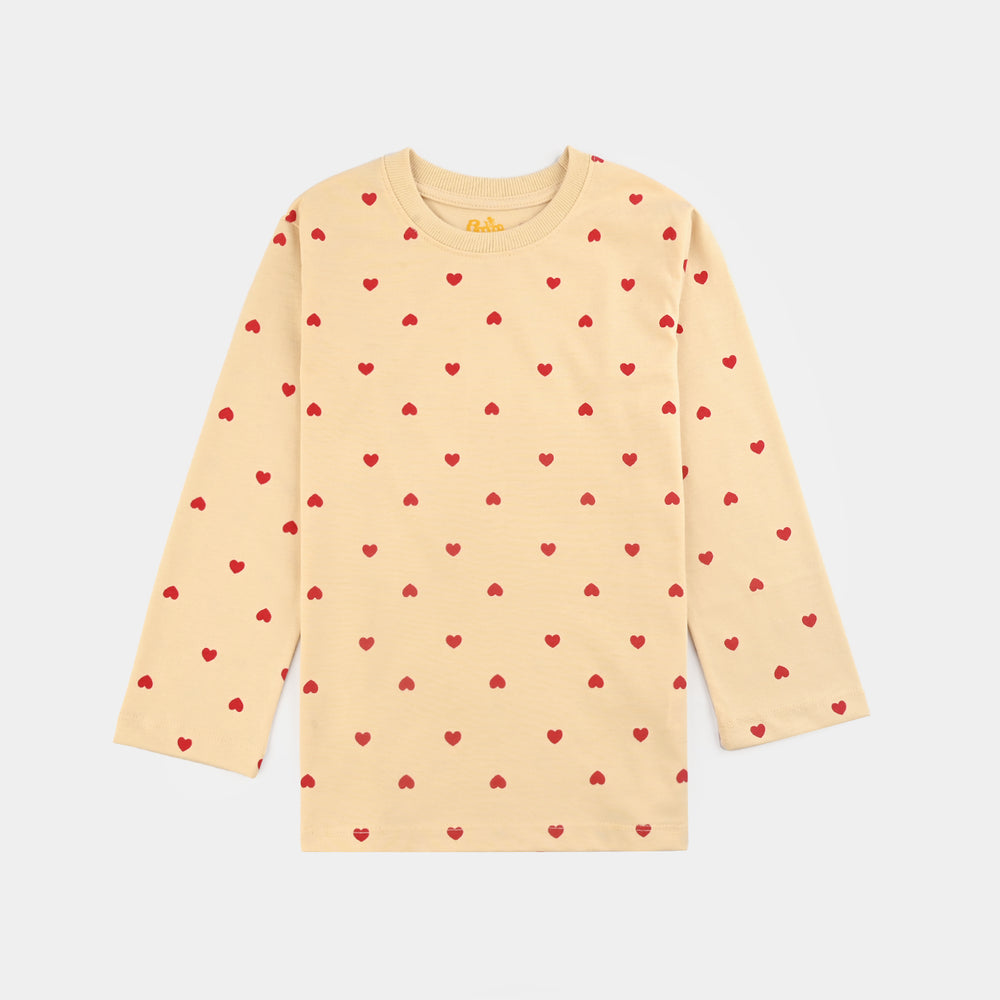 Girls Cotton Interlock Night Suit Hearts-Wood Ash