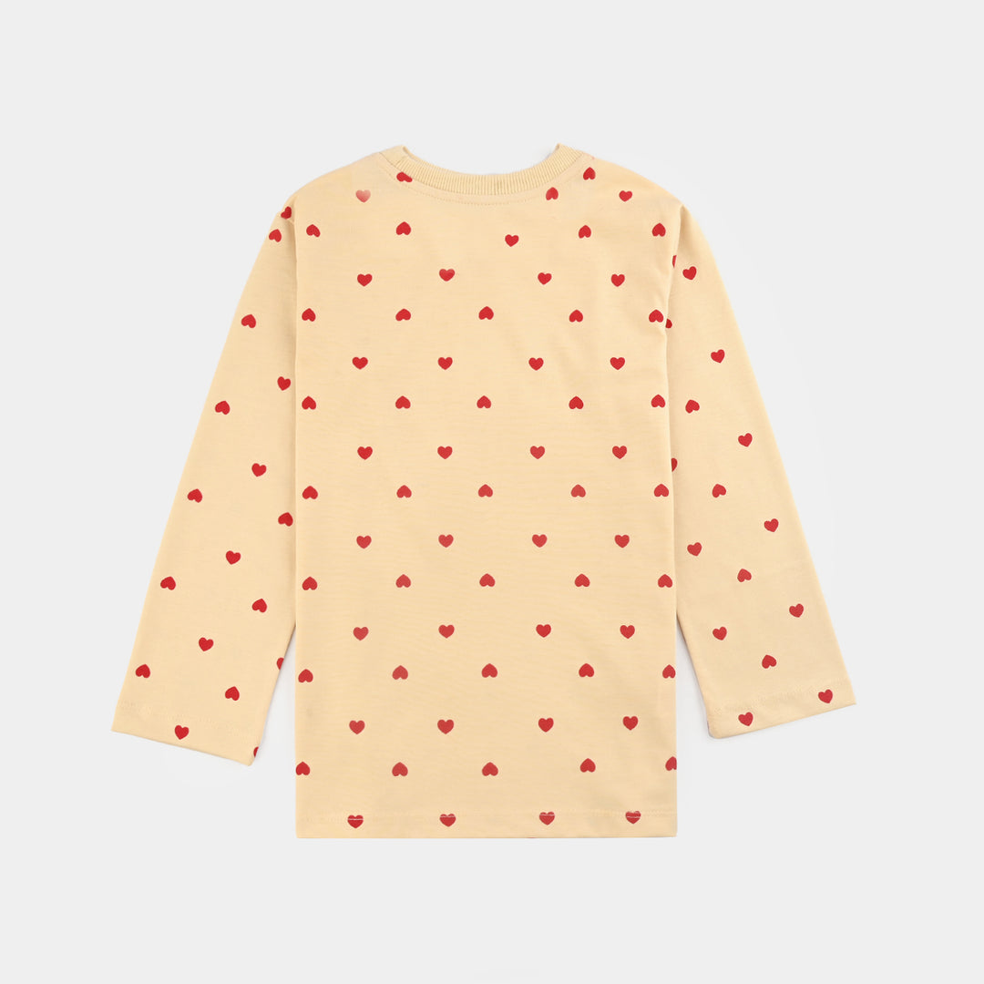 Girls Cotton Interlock Night Suit Hearts-Wood Ash