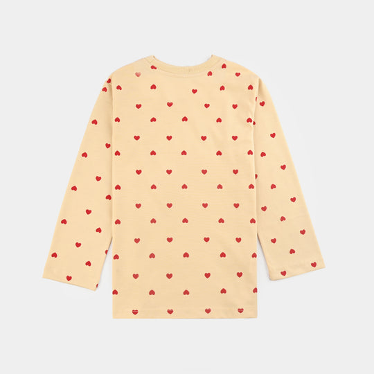 Girls Cotton Interlock Night Suit Hearts-Wood Ash