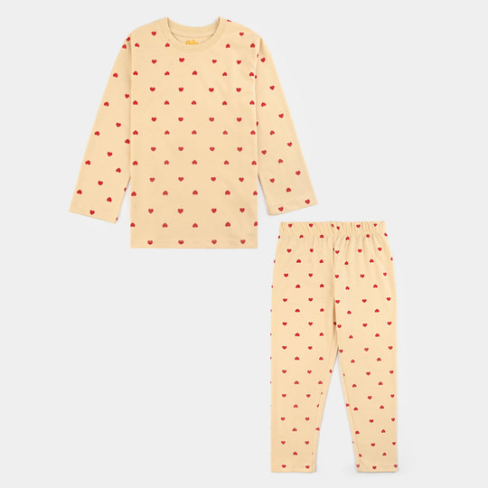 Girls Cotton Interlock Night Suit Hearts-Wood Ash