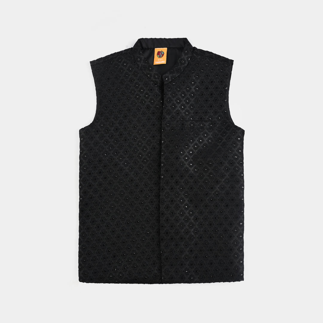 Boys Cotton Slub 3 Piece suit (Black Beauty)-BLACK