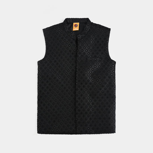 Boys Cotton Slub 3 Piece suit (Black Beauty)-BLACK