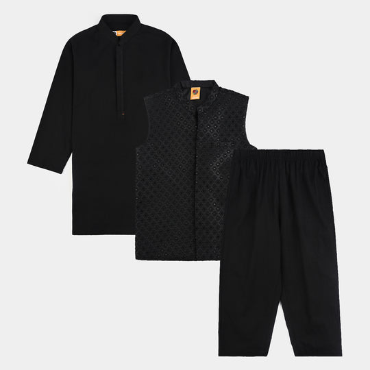 Boys Cotton Slub 3 Piece suit (Black Beauty)-BLACK
