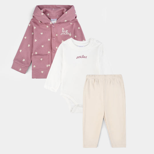 Infant Girls Cotton Interlock 3 PC Set-Pink/White/Beige