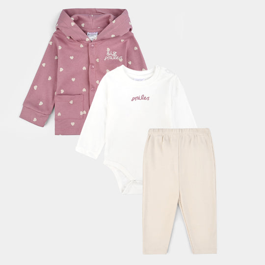 Infant Girls Cotton Interlock 3 PC Set-Pink/White/Beige