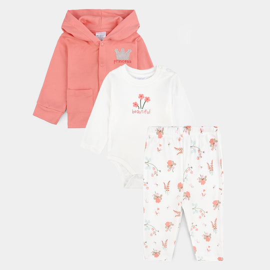 Infant Girls Cotton Interlock 3 PC Set-Peach/White