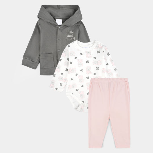 Infant Girls Cotton Interlock 3 PC Set-Grey/White/Pink