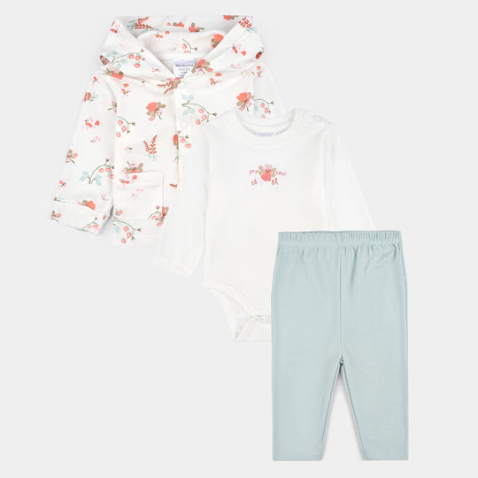 Infant Girls Cotton Interlock 3 PC Set-White/Green