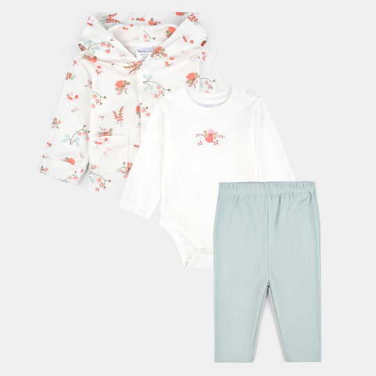 Infant Girls Cotton Interlock 3 PC Set-White/Green