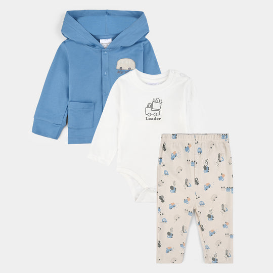 Infant Boys Cotton Interlock 3 PC Set-Blue/White/Beige